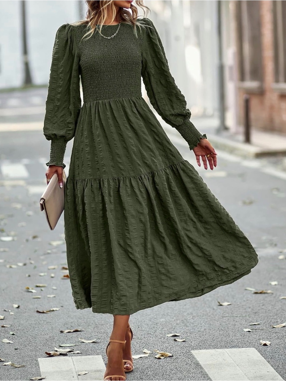 Olive Green Smocked Bodice Maxi Dress with Puff Sleeves